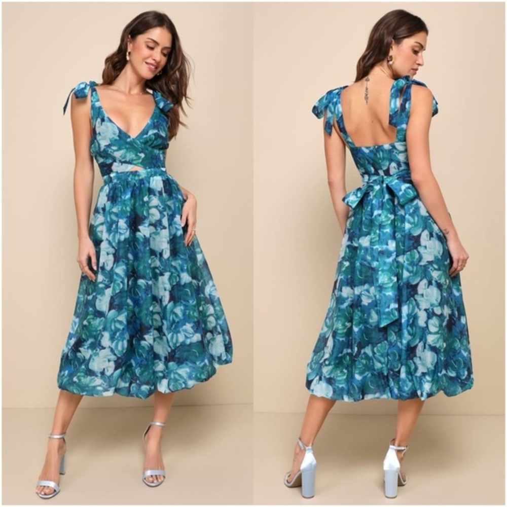 Lulu's Blue Green Floral Midi Dress with Tie Shoulders